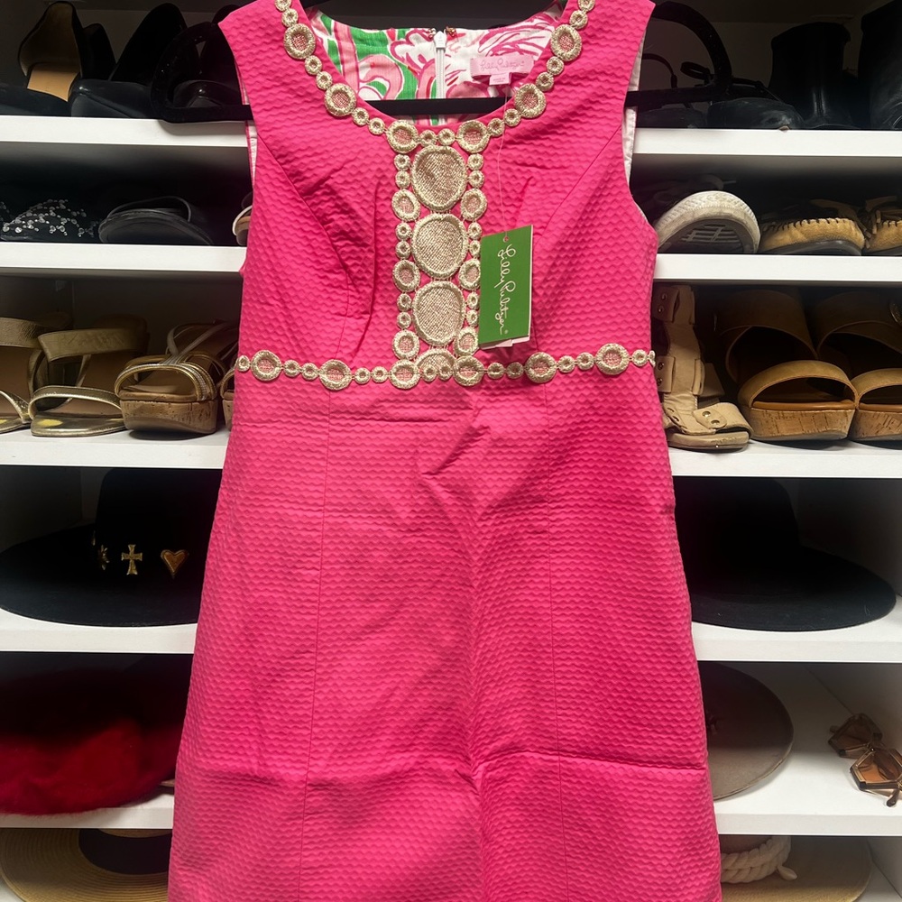 Lilly Pulitzer hot pink dress with gold lace detail